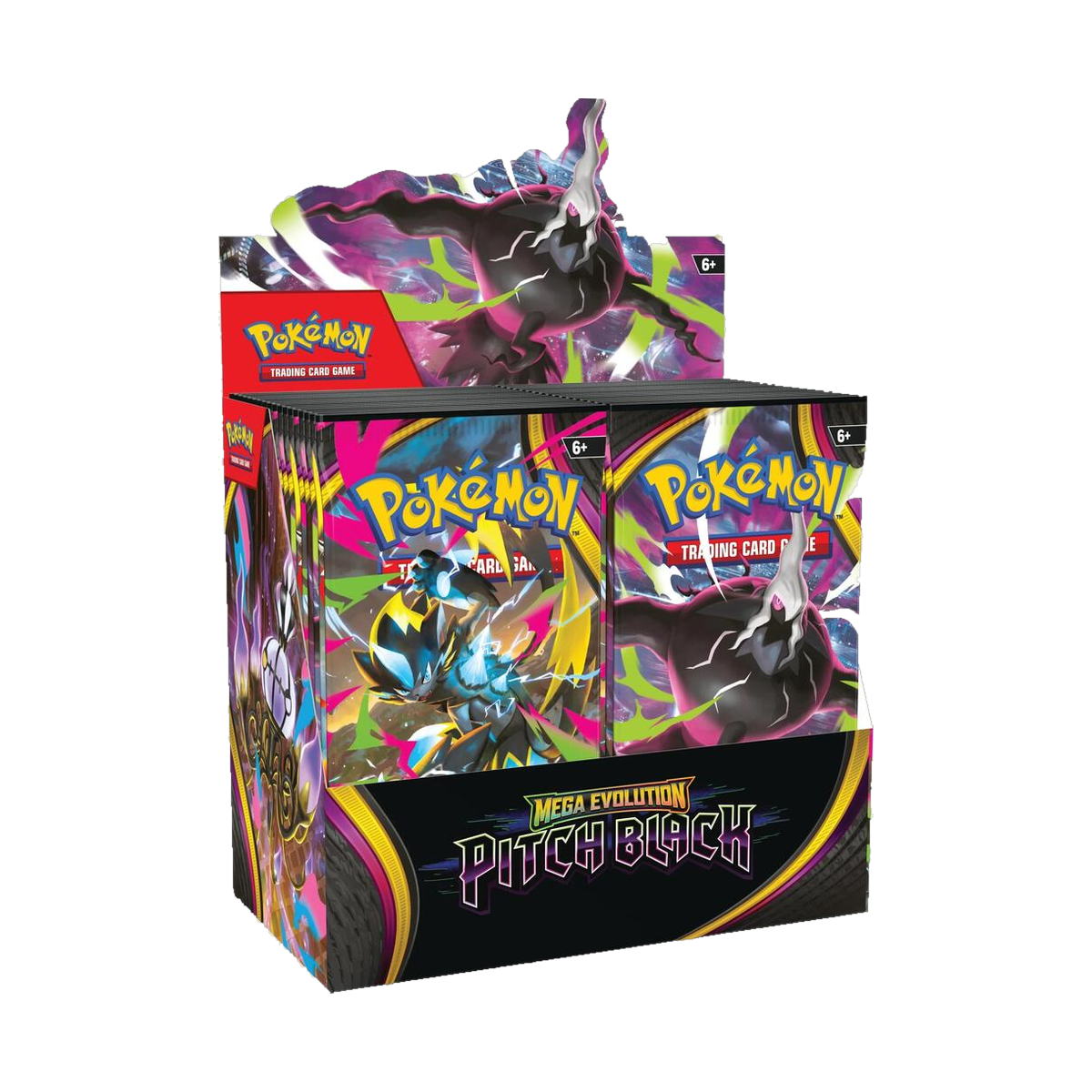 Pokemon Pitch Black booster box with 36 sealed booster packs, front of display