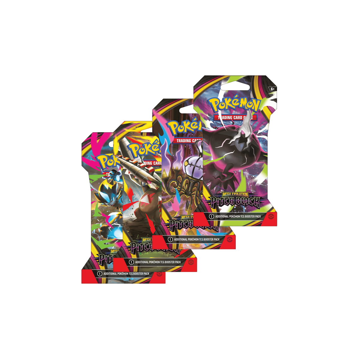 Pokemon Pitch Black sleeved booster blister packs, four pack art variants fanned out