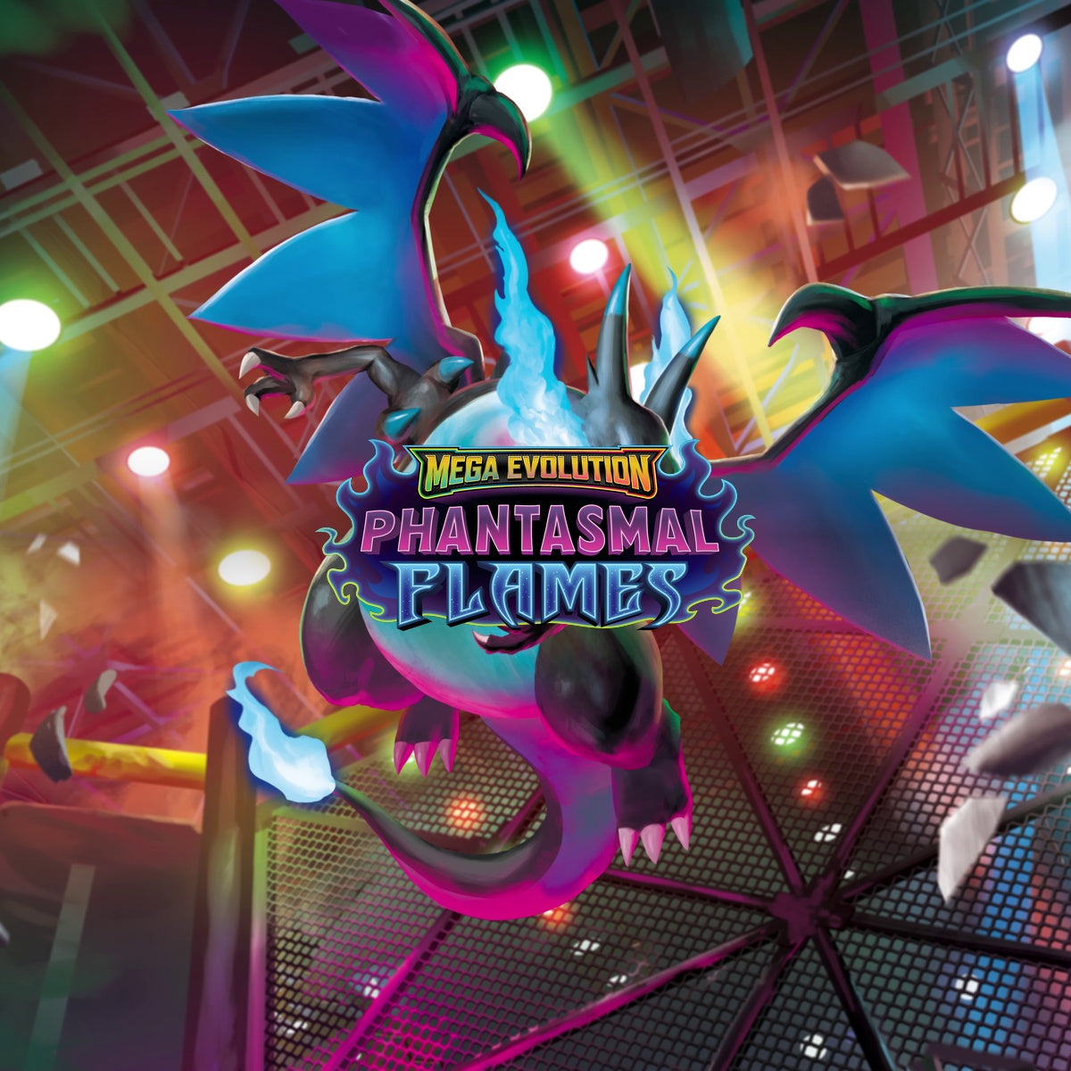 Mega Evolution Phantasmal Flames set logo over Mega Charizard X key art