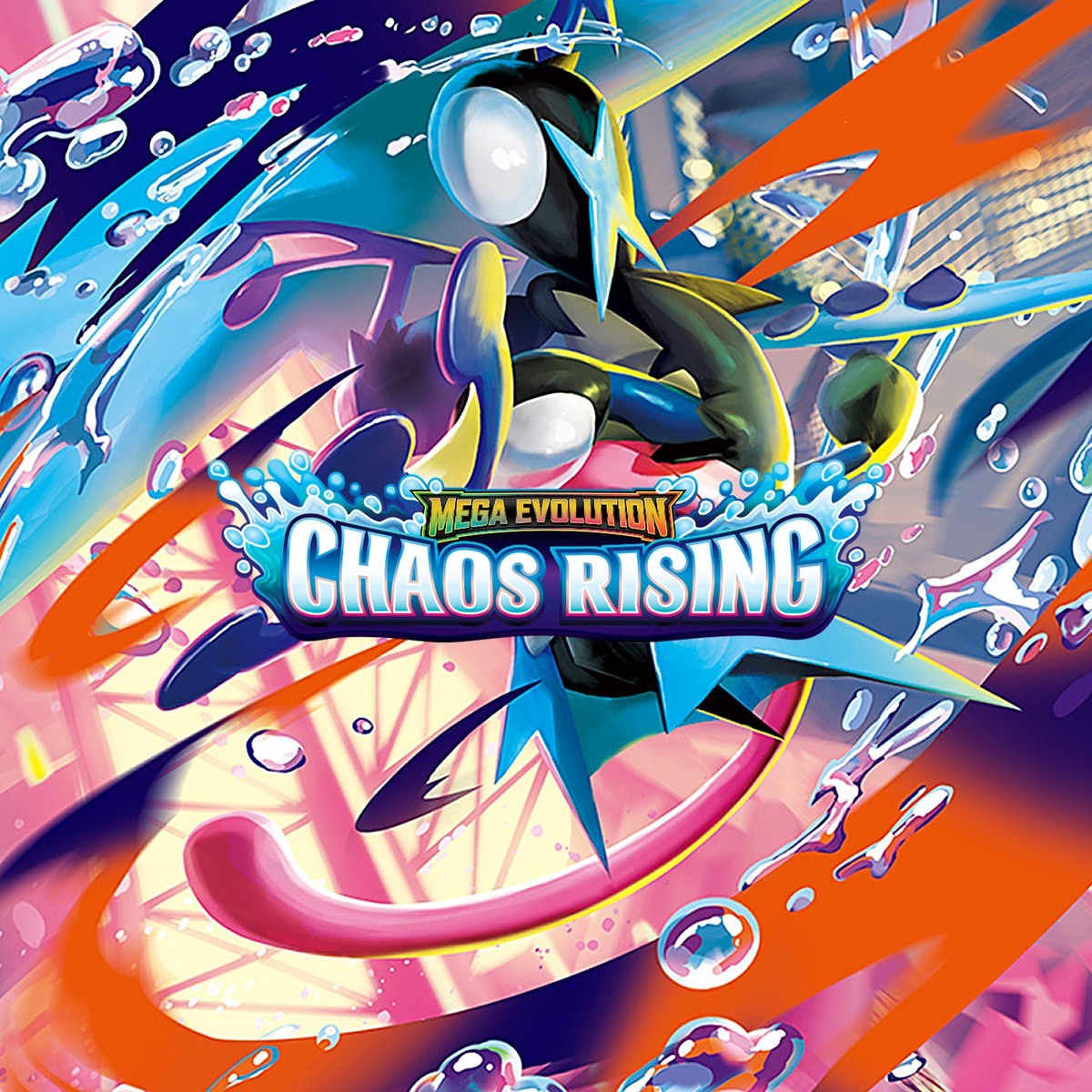 Mega Evolution Chaos Rising set logo over Mega Greninja key art
