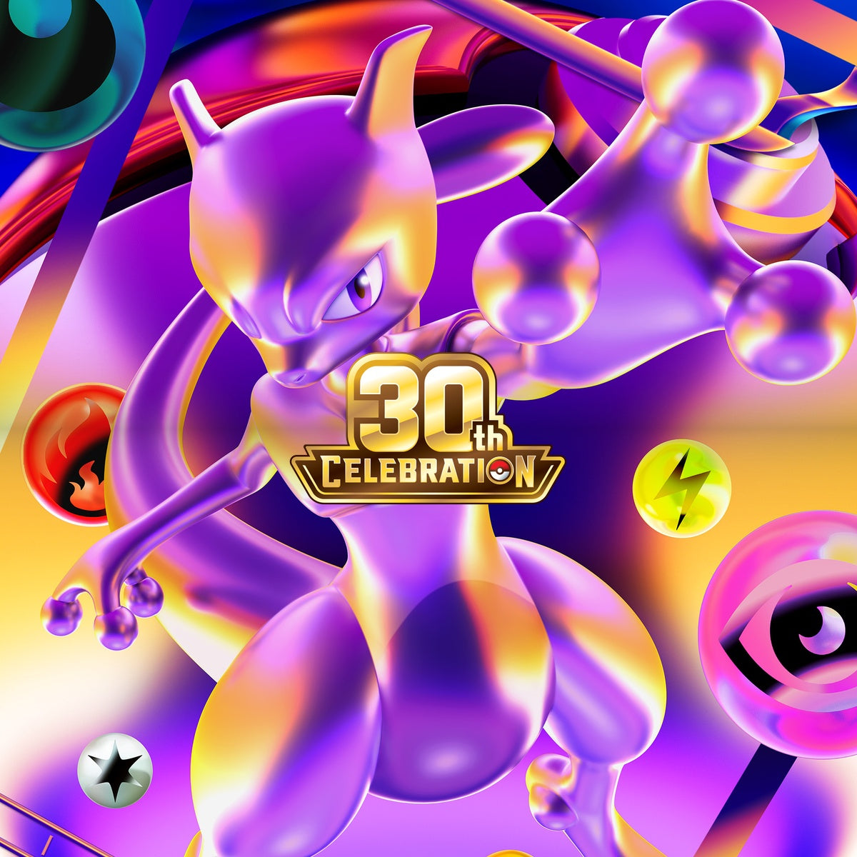 Pokemon 30th Celebration set logo over chrome Mewtwo key art