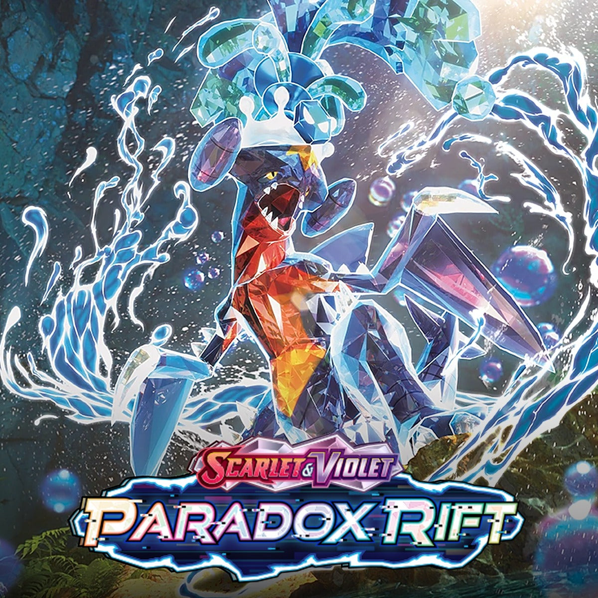 Logo Pokémon Scarlet & Violet Paradox Rift sur l'illustration principale de Roaring Moon