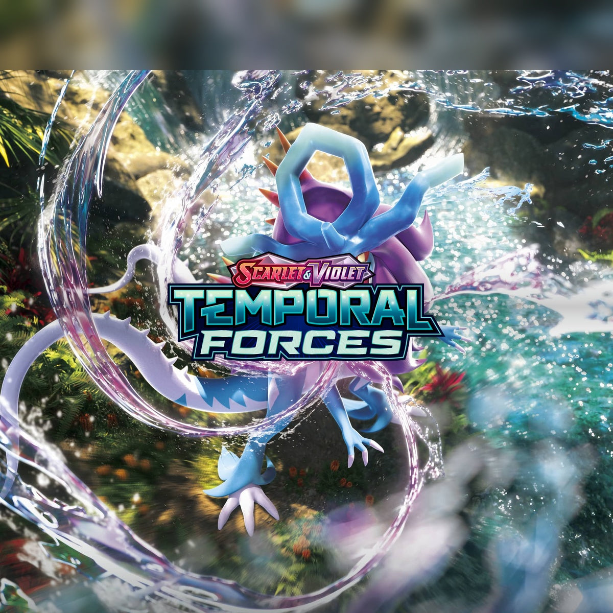 Pokemon Scarlet & Violet Temporal Forces logo over Walking Wake key art