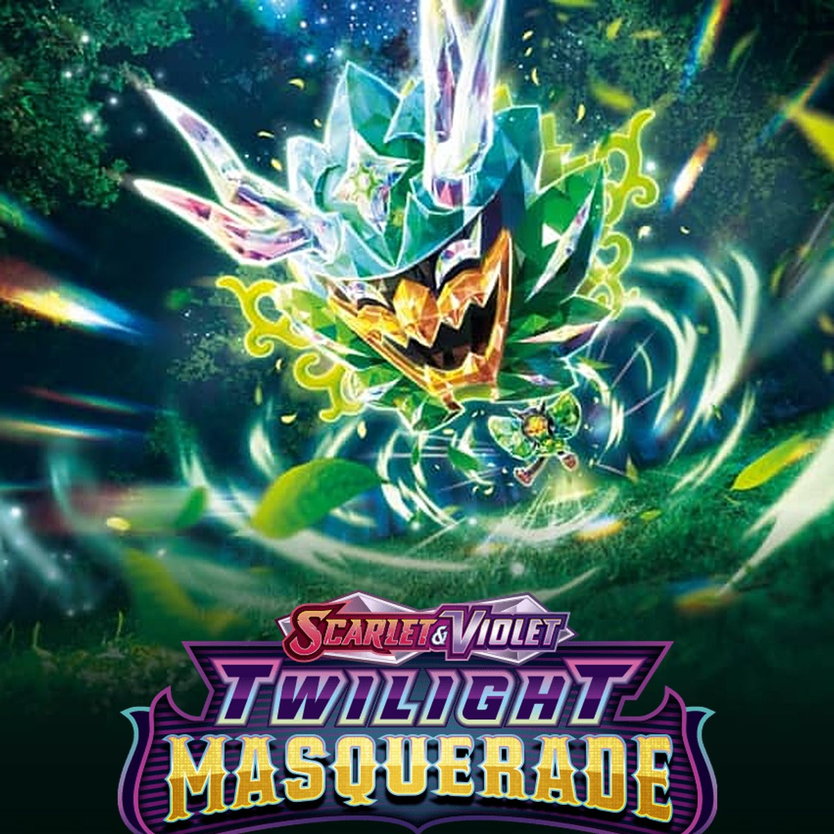 Illustration principale de Pokémon Twilight Masquerade mettant en vedette Ogerpon, avec le logo de l'extension