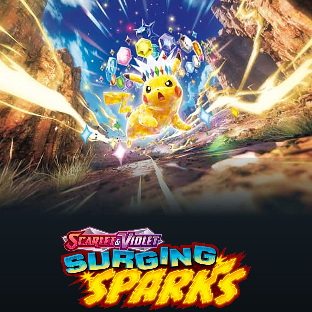 Illustration principale de Pokémon Surging Sparks mettant en vedette Pikachu ex, avec le logo de l'extension