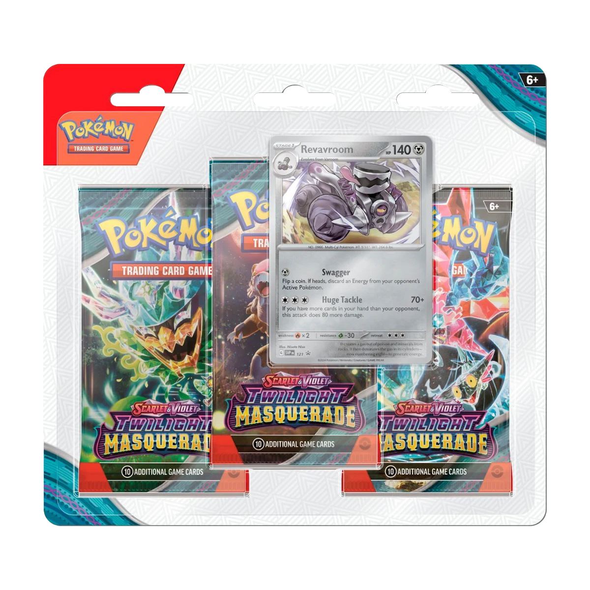 Blister de 3 boosters Pokémon Twilight Masquerade avec carte promo Revavroom, devant de l'emballage