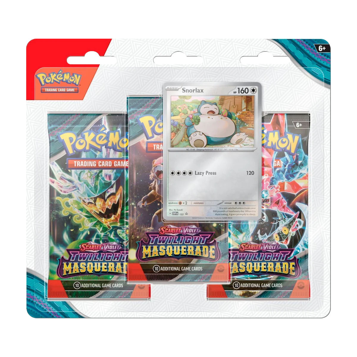 Blister de 3 boosters Pokémon Twilight Masquerade avec carte promo Snorlax, devant de l'emballage