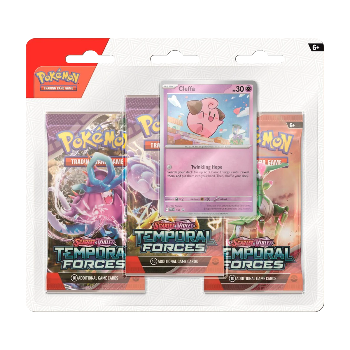 Blister de 3 boosters Pokémon Temporal Forces avec carte promo Cleffa, devant de l'emballage