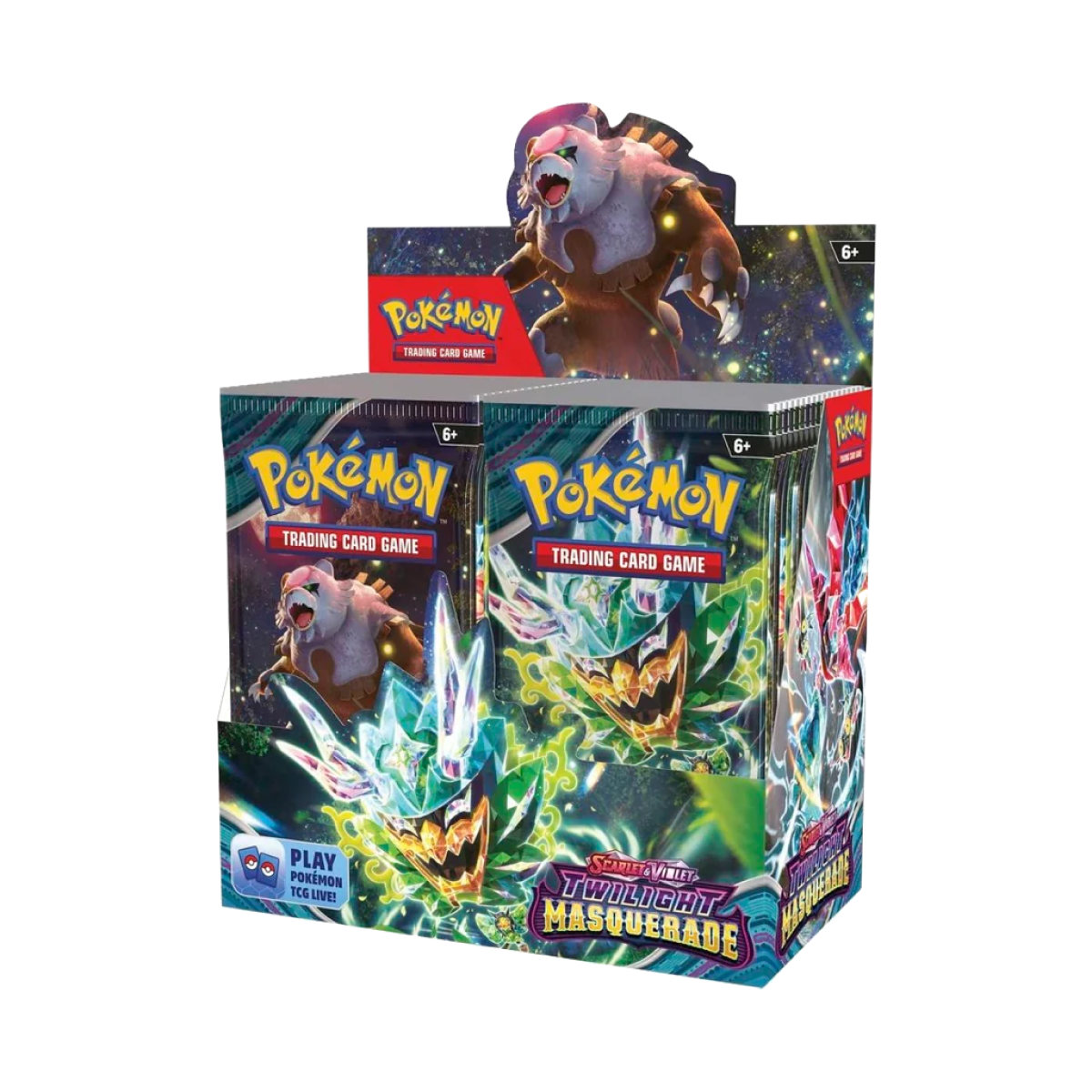 Boîte de boosters Pokémon Twilight Masquerade avec boosters scellés, devant de l'emballage