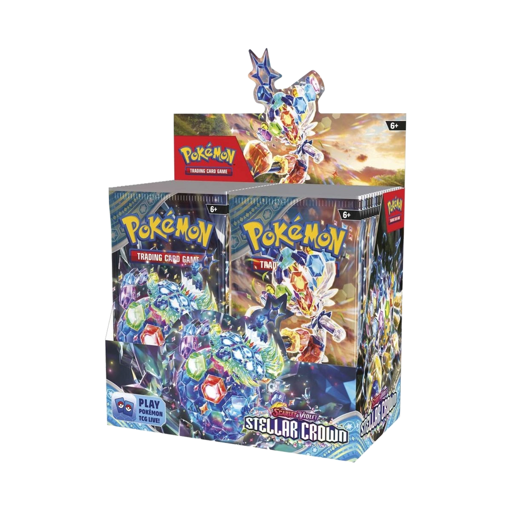 Pokemon Stellar Crown booster box display with Terapagos artwork, front of packaging