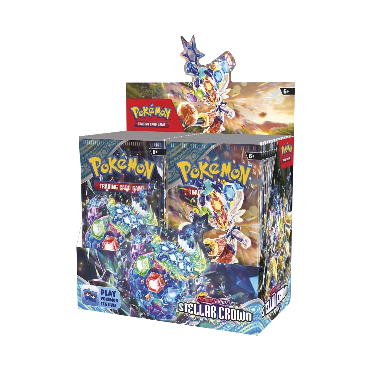 Boîte de boosters Pokémon Stellar Crown avec illustration de Terapagos, devant de l'emballage