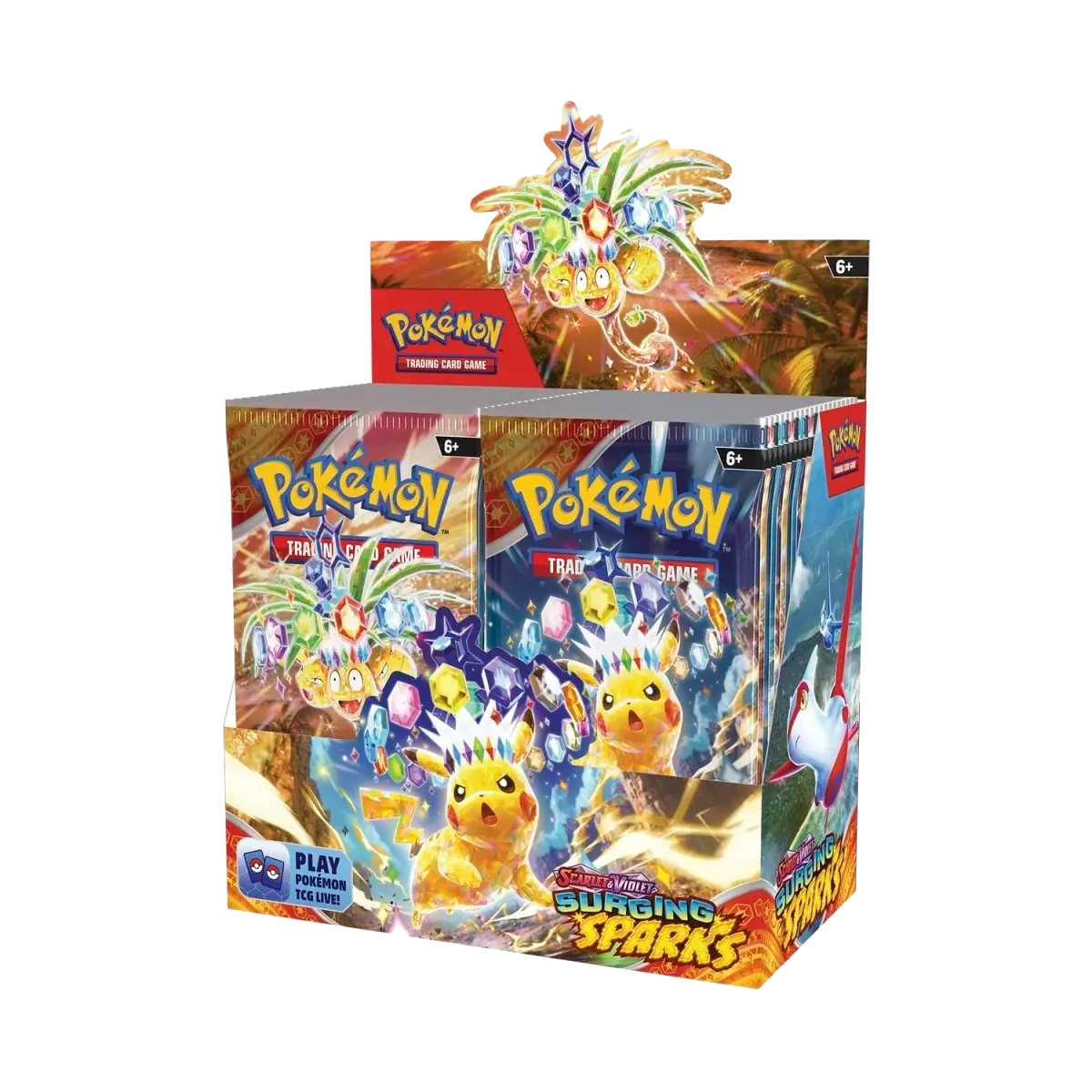 Boîte de boosters Pokémon Surging Sparks avec illustration de Pikachu, devant de l'emballage