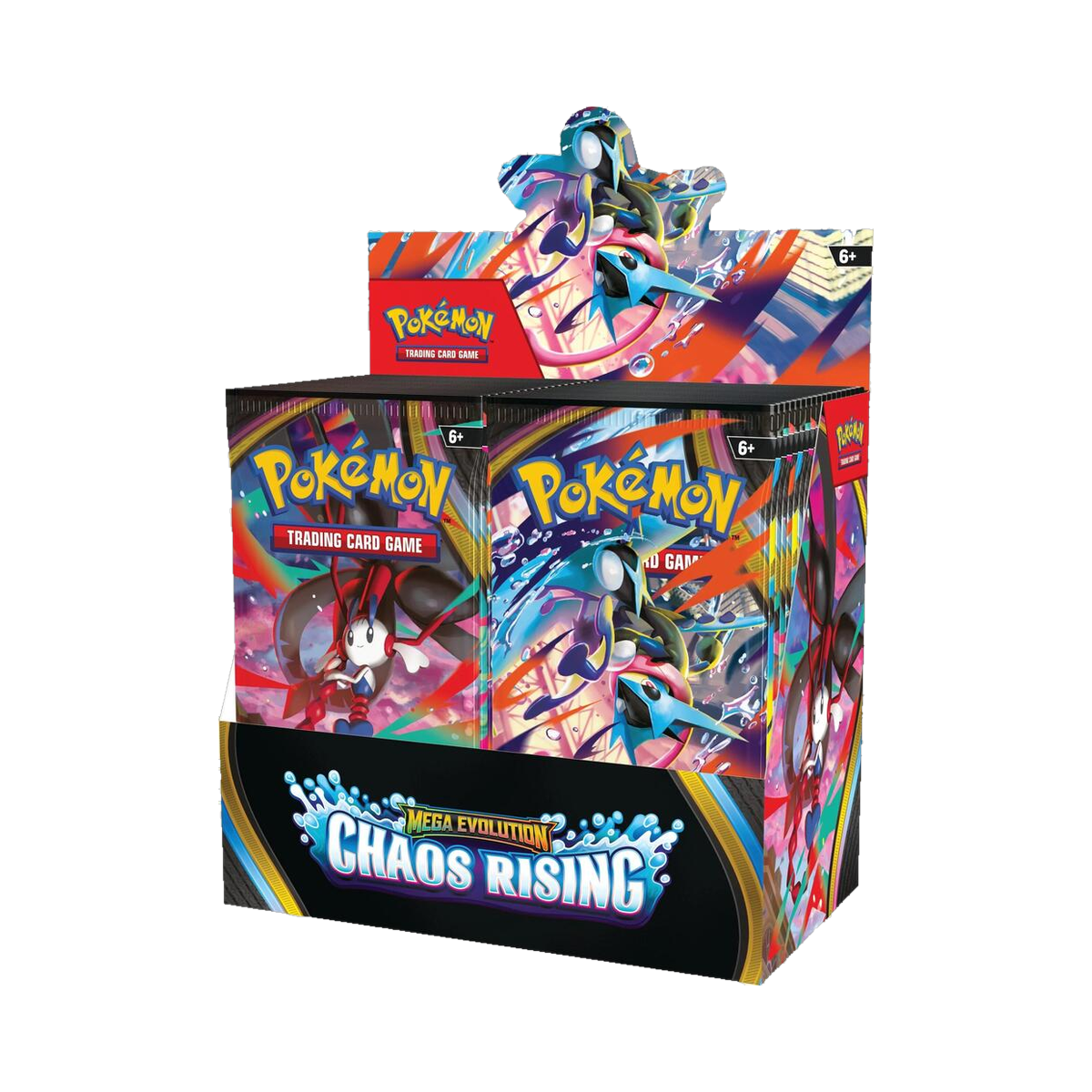Pokemon Chaos Rising booster box with 36 sealed booster packs, front of display