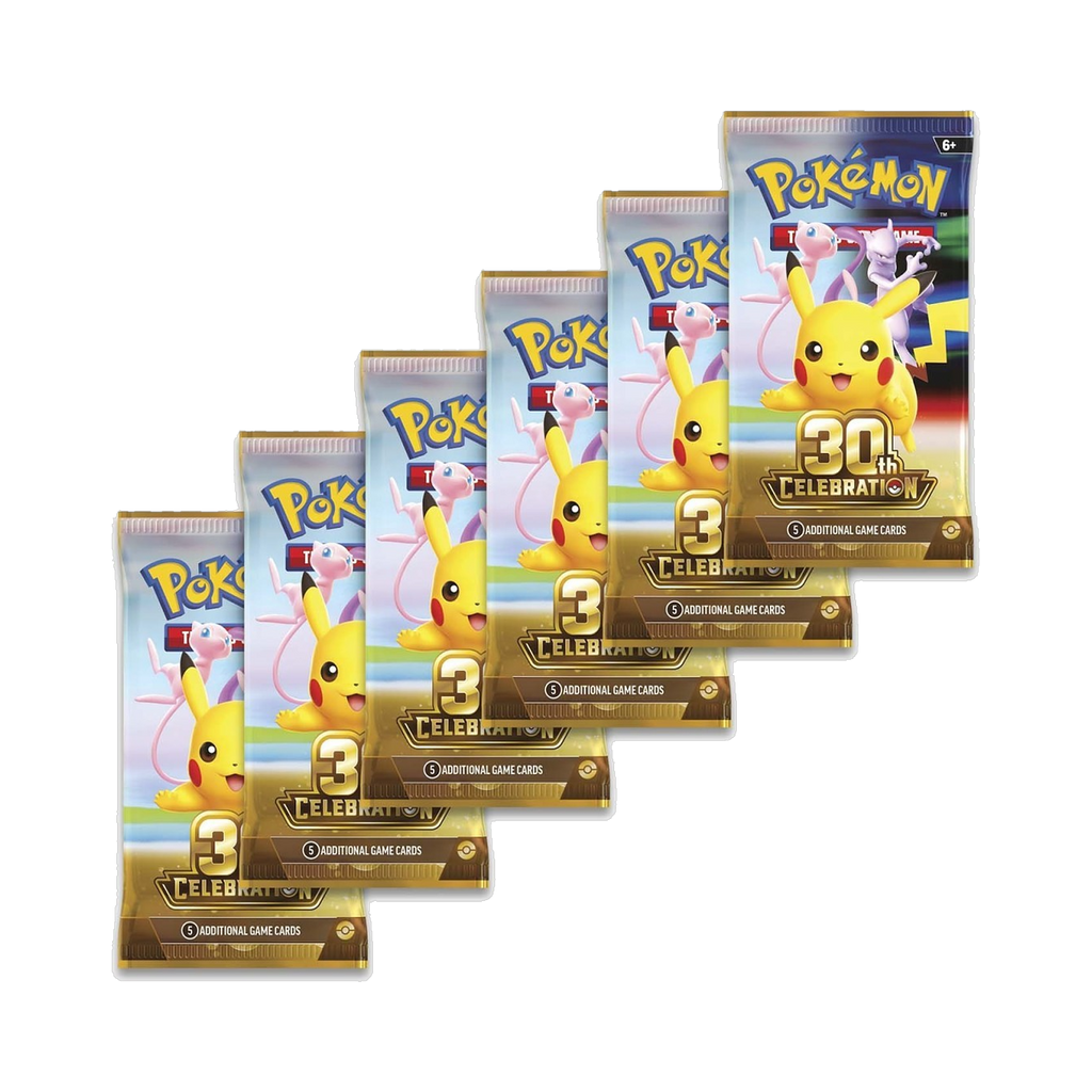 Pokemon 30th Celebration - Booster Bundle, the six sealed booster packs it contains
