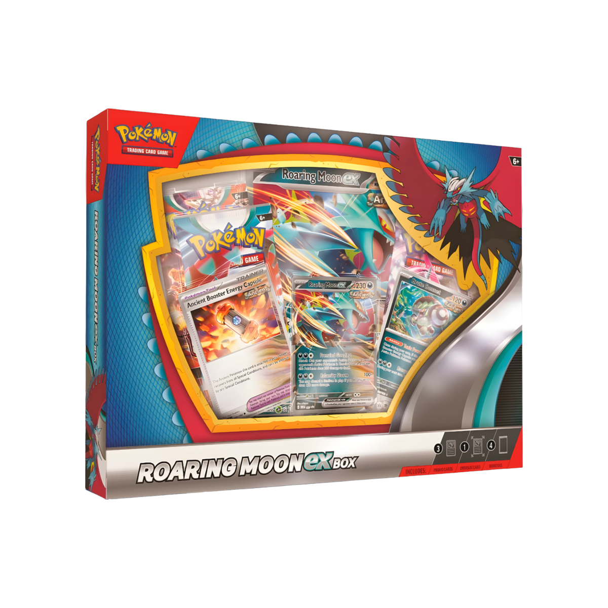 Pokemon Paradox Rift Roaring Moon ex Box with promo cards visible, front of packaging