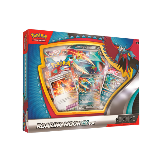 Pokemon Paradox Rift Roaring Moon ex Box with promo cards visible, front of packaging
