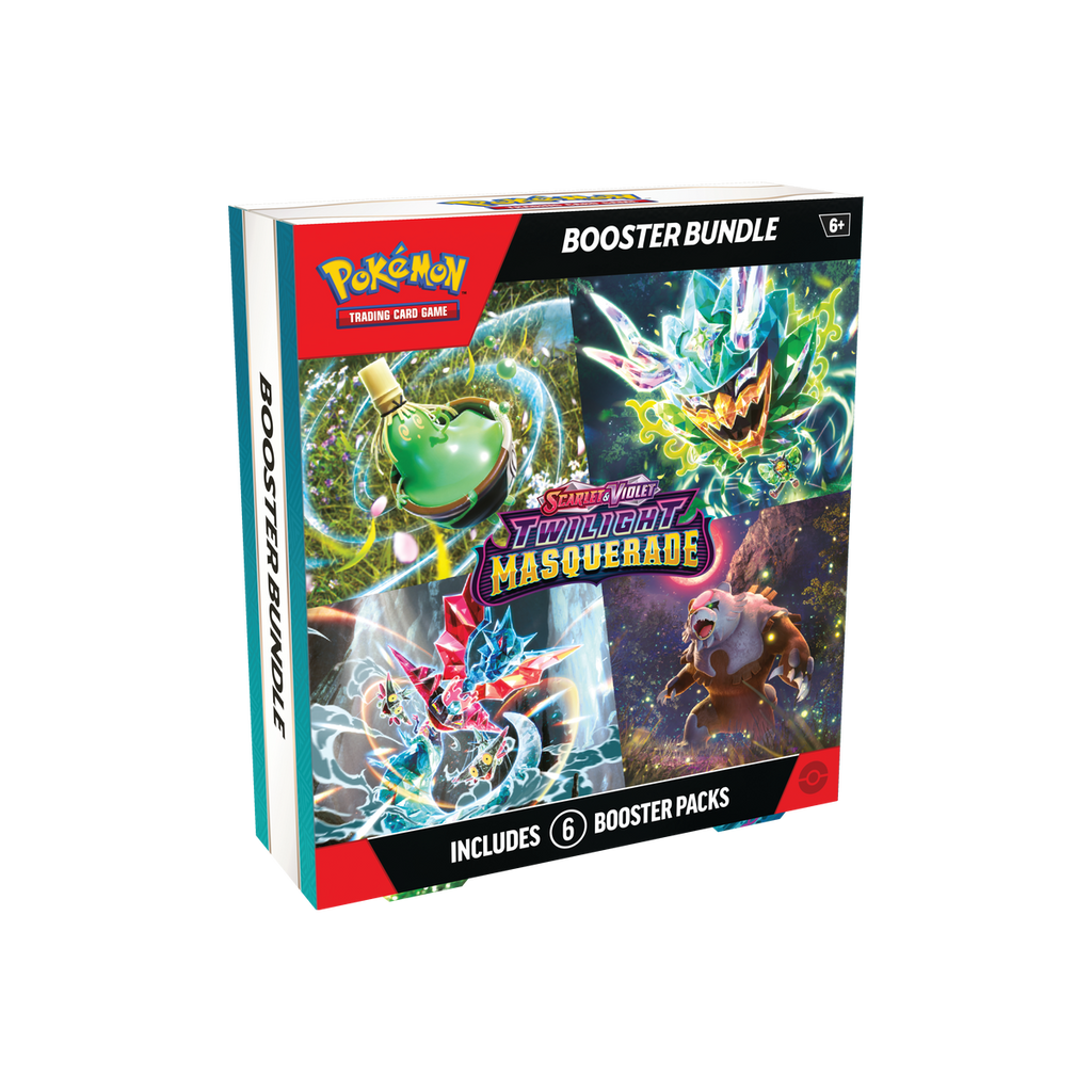 Pokemon Twilight Masquerade Booster Bundle containing 6 booster packs, front of packaging