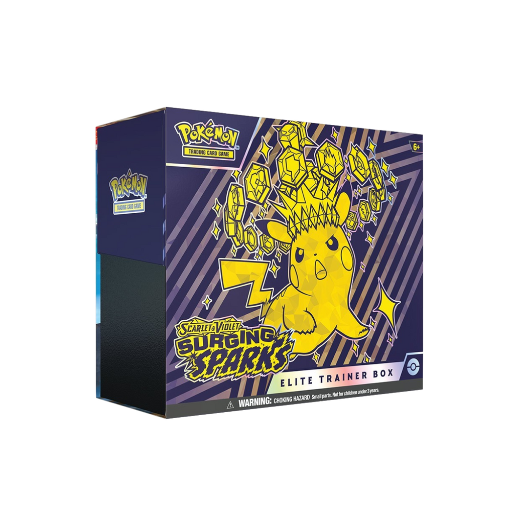 Pokemon Surging Sparks Elite Trainer Box with Pikachu artwork, front of box