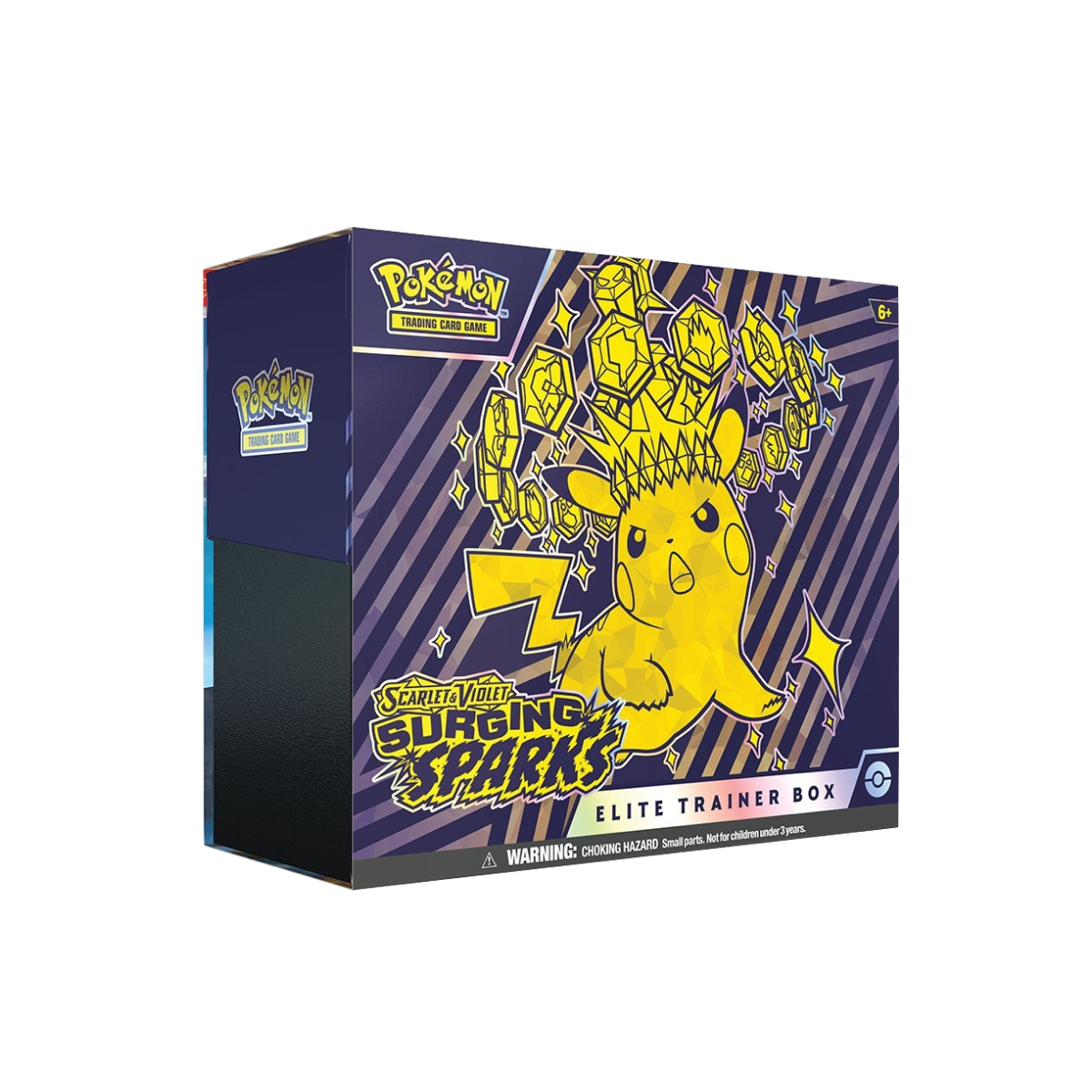 Coffret Dresseur d'Élite Pokémon Surging Sparks avec illustration de Pikachu, devant de la boîte