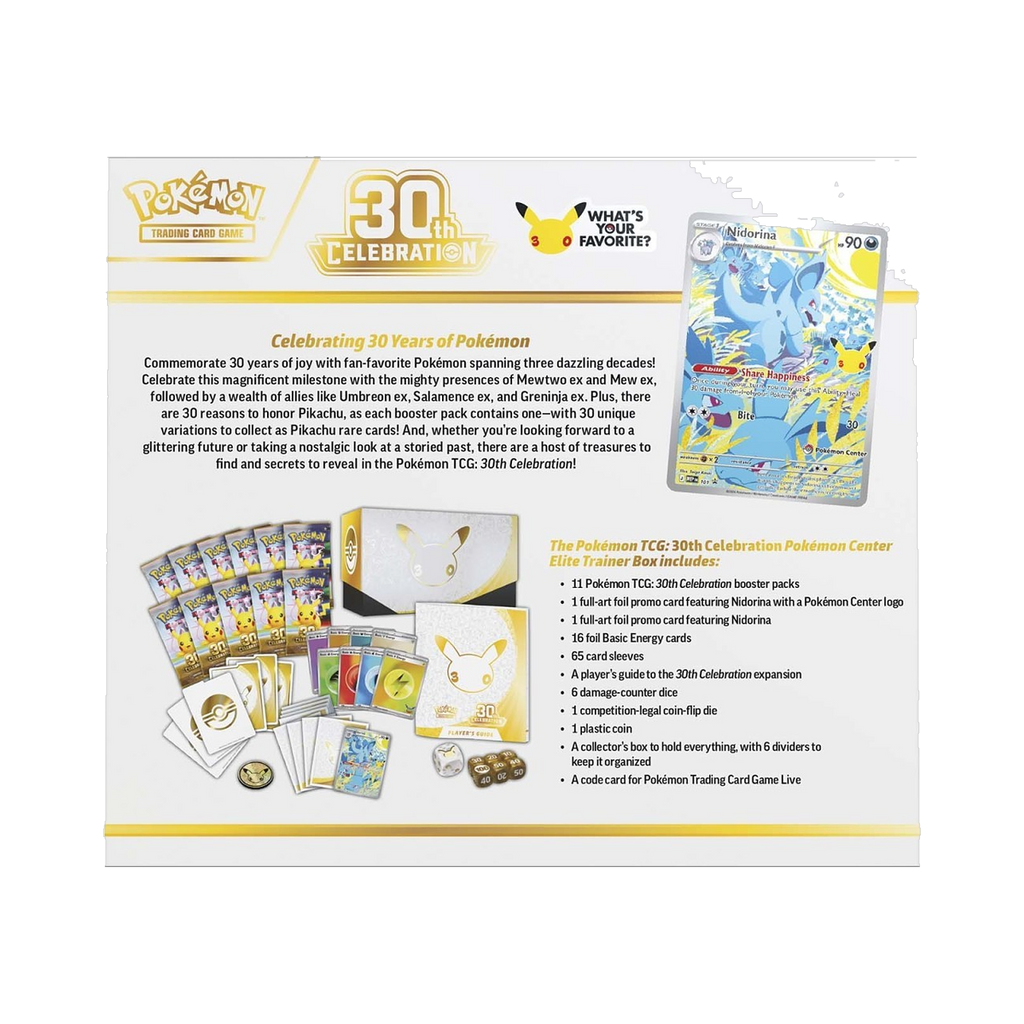 Pokemon 30th Celebration - Elite Trainer Box, back of the box showing the printed contents