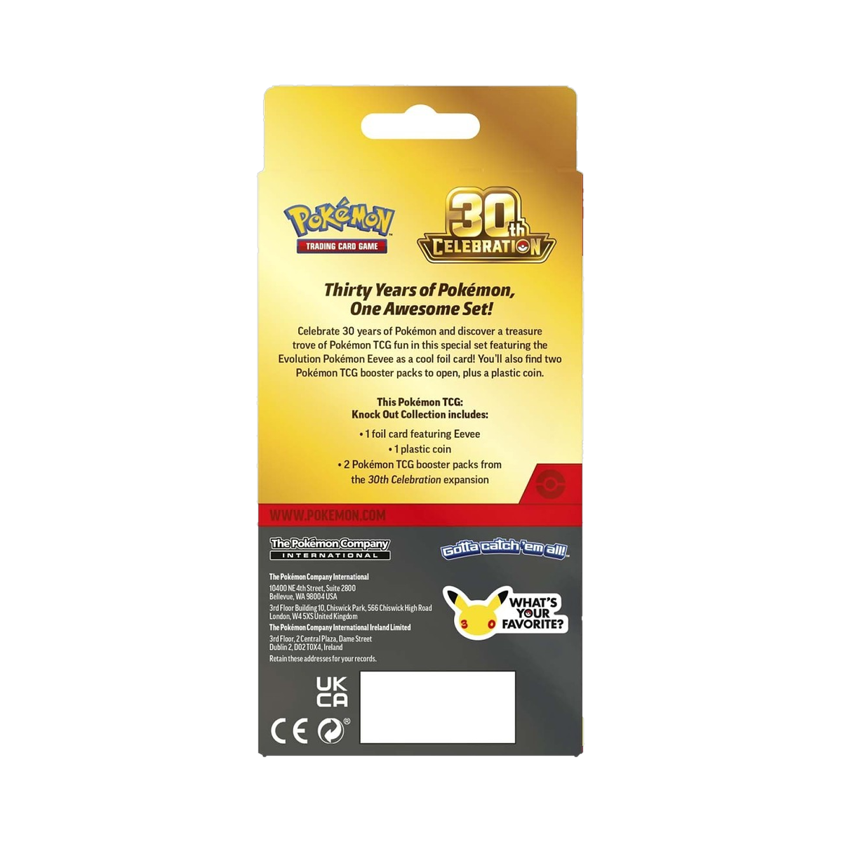 Pokemon 30th Celebration - Knockout Collection, back of the pack showing the printed contents