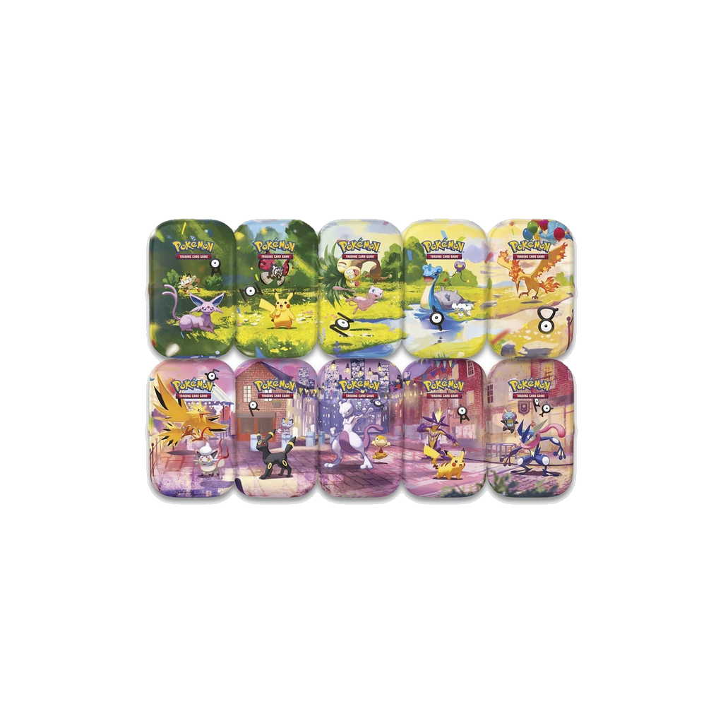 Pokemon 30th Celebration - Mini Tin Display, the ten mini tin designs inside the display