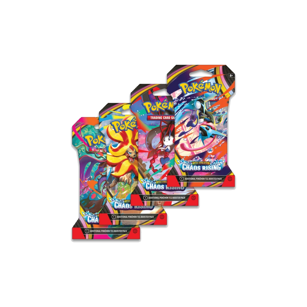Pokemon Chaos Rising sleeved booster blister packs, four pack art variants fanned out