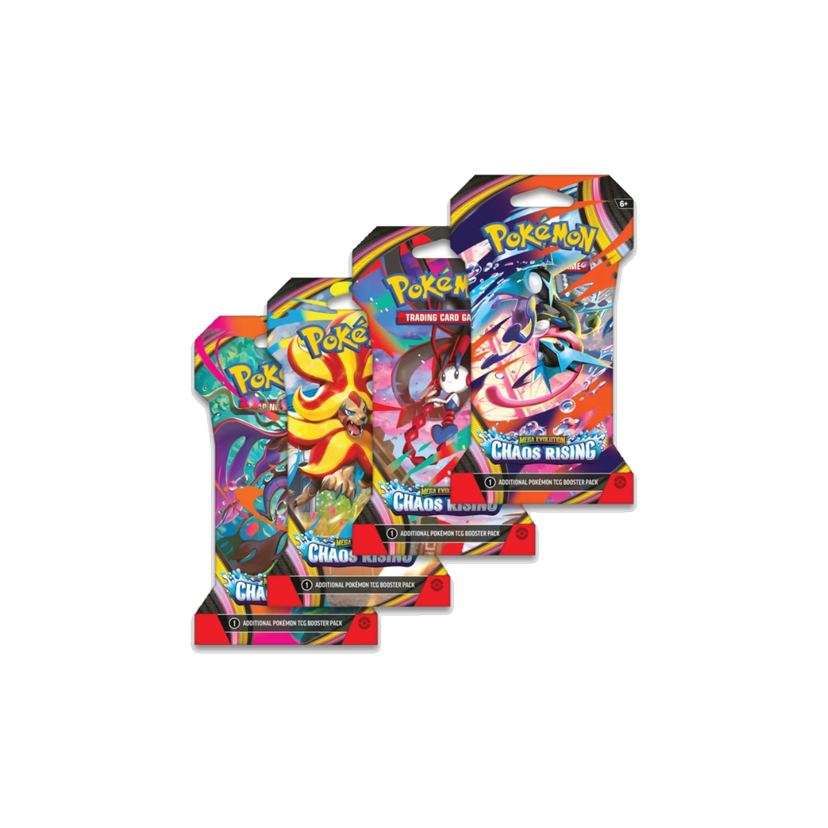 Pokemon Chaos Rising sleeved booster blister packs, four pack art variants fanned out
