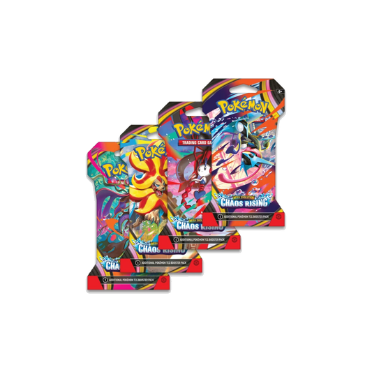 Pokemon Chaos Rising sleeved booster blister packs, four pack art variants fanned out