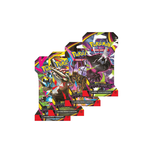 Pokemon Pitch Black sleeved booster blister packs, four pack art variants fanned out