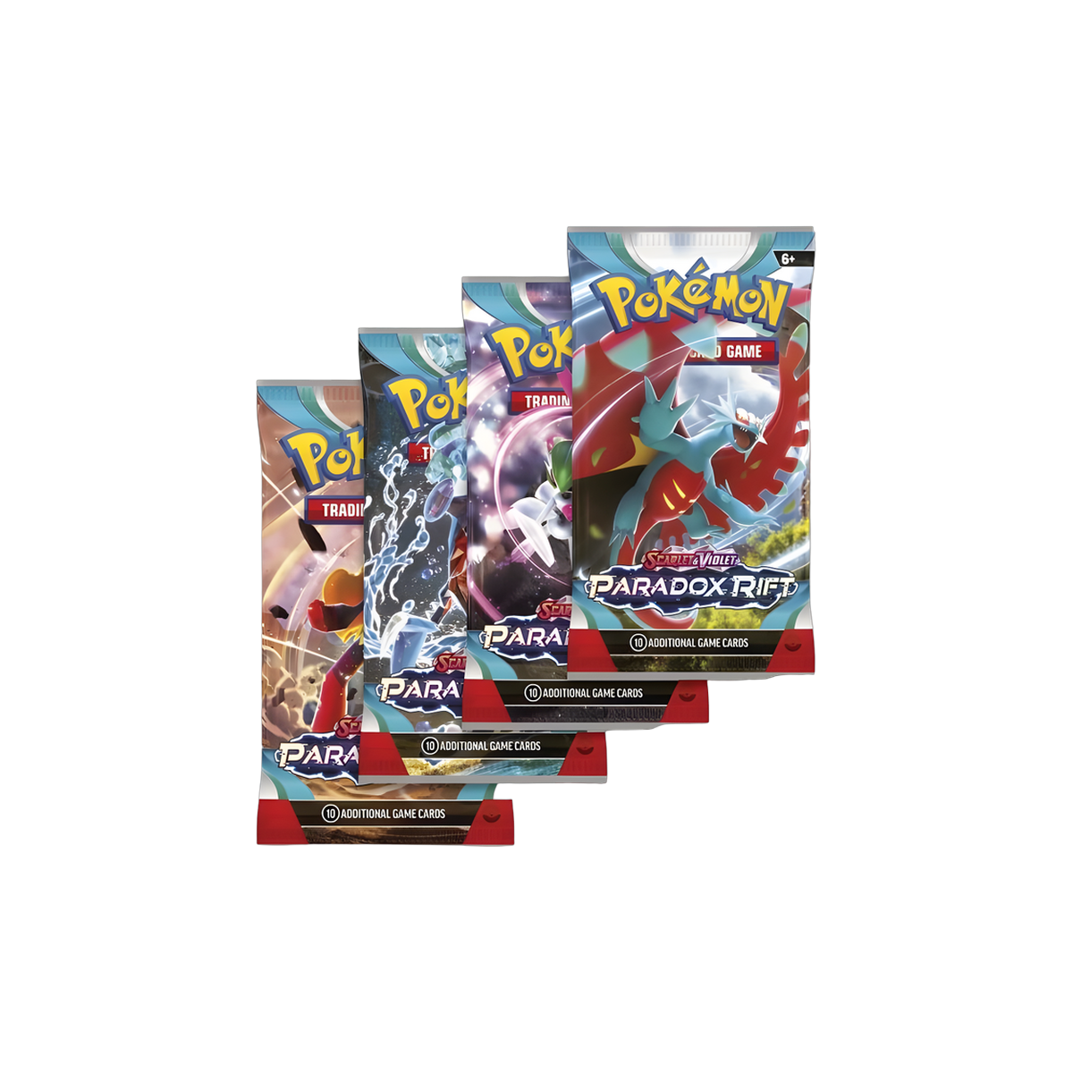 Boosters sous blister Pokémon Paradox Rift, quatre variantes d'illustration en éventail