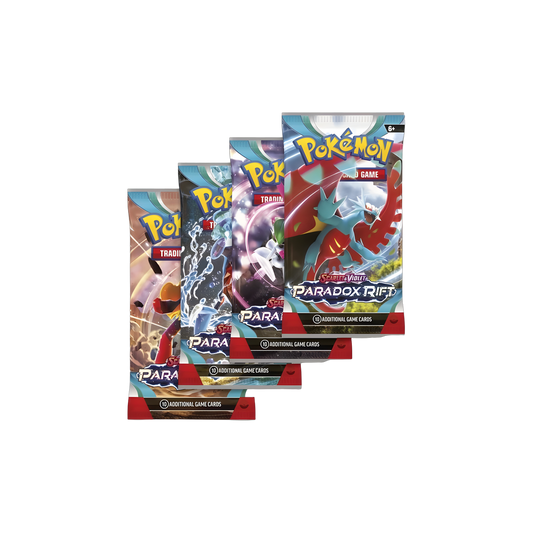 Pokemon Paradox Rift sleeved booster blister packs, four pack art variants fanned out