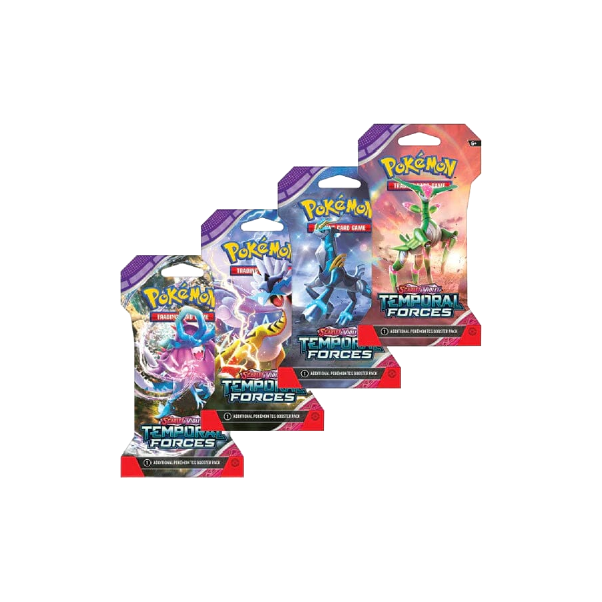 Boosters sous blister Pokémon Temporal Forces, quatre variantes d'illustration en éventail