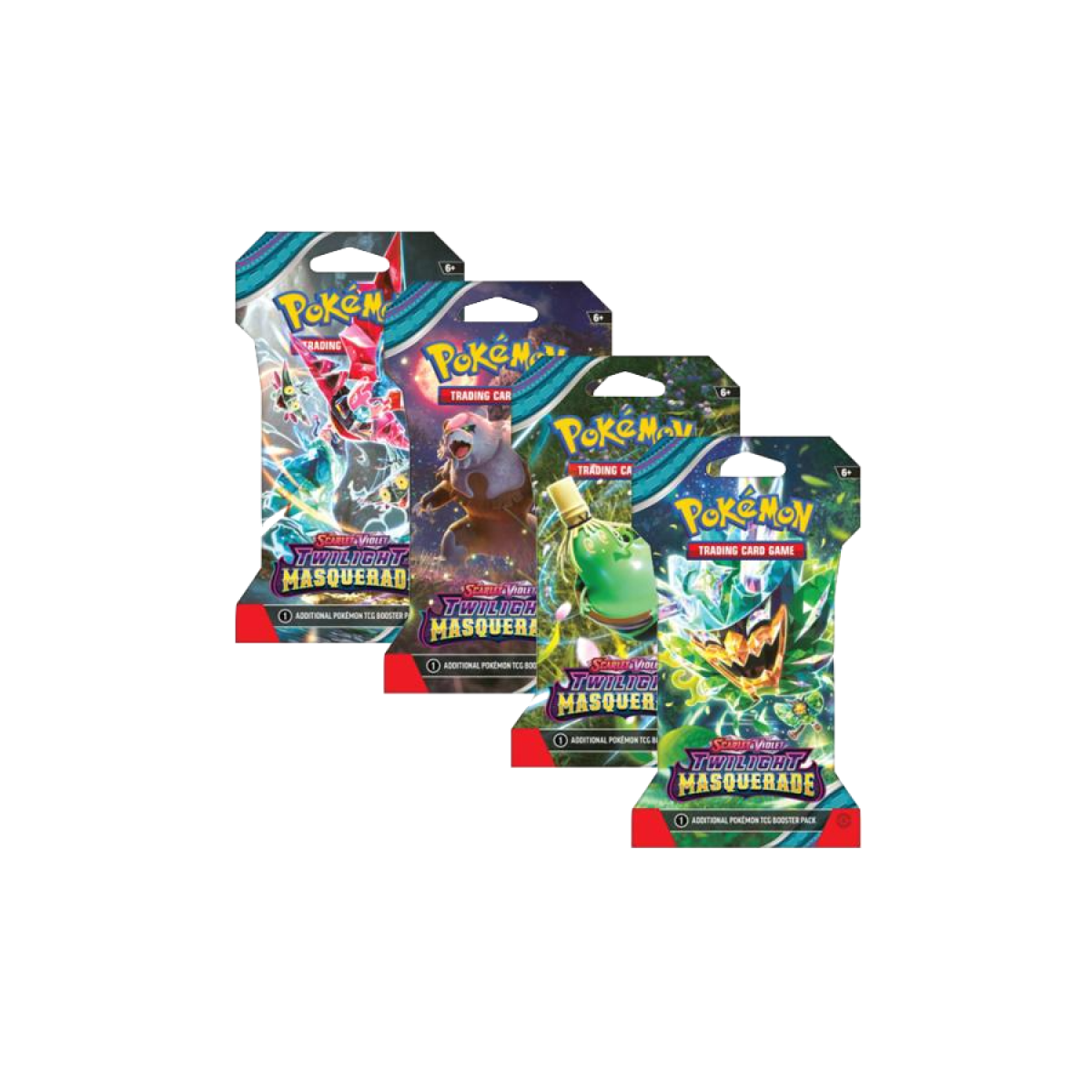 Boosters sous blister Pokémon Twilight Masquerade, quatre variantes d'illustration en éventail