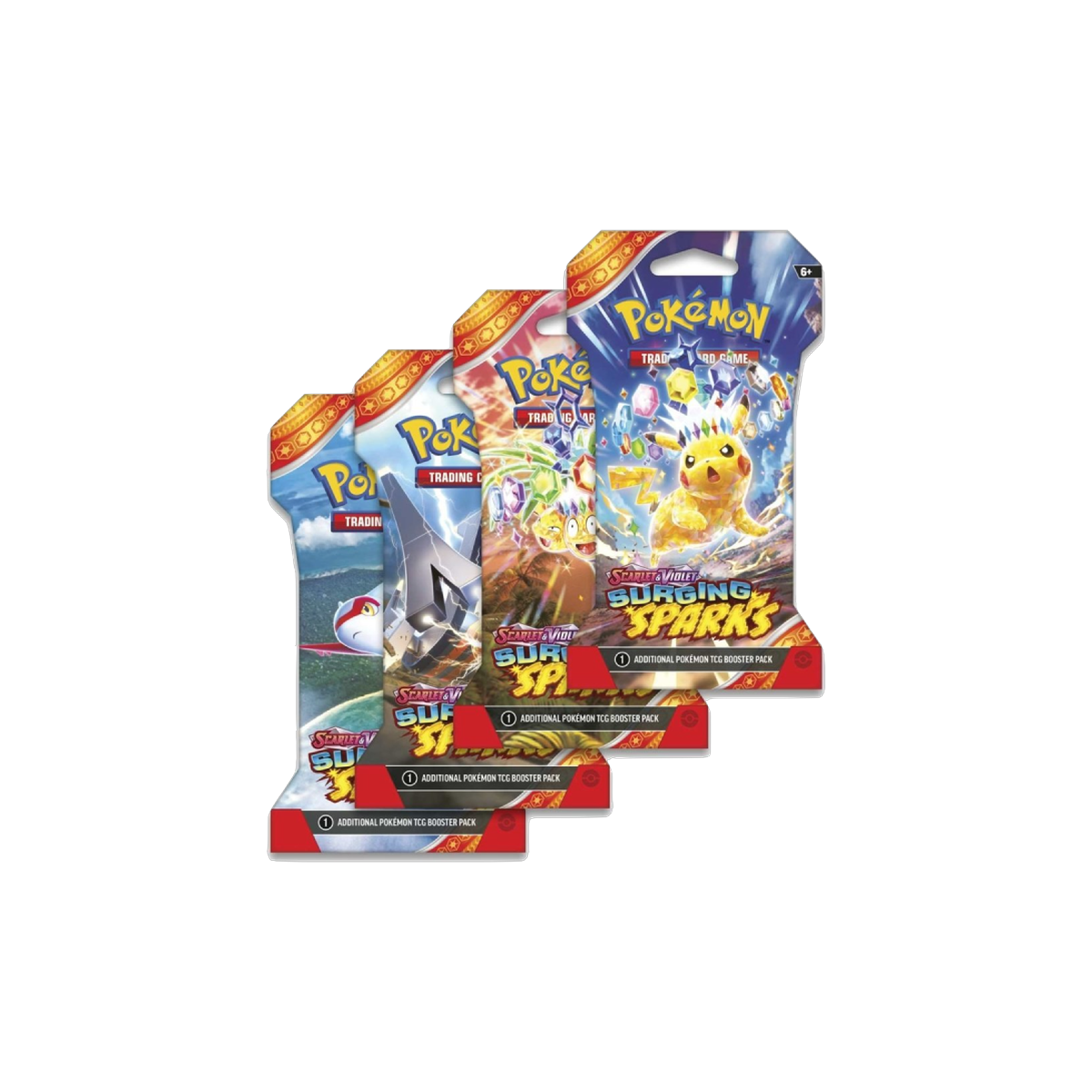 Boosters sous blister Pokémon Surging Sparks, quatre variantes d'illustration en éventail