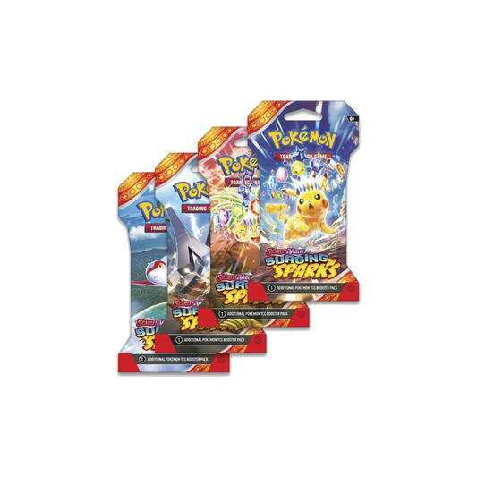 Pokemon Surging Sparks sleeved booster blister packs, four pack art variants fanned out