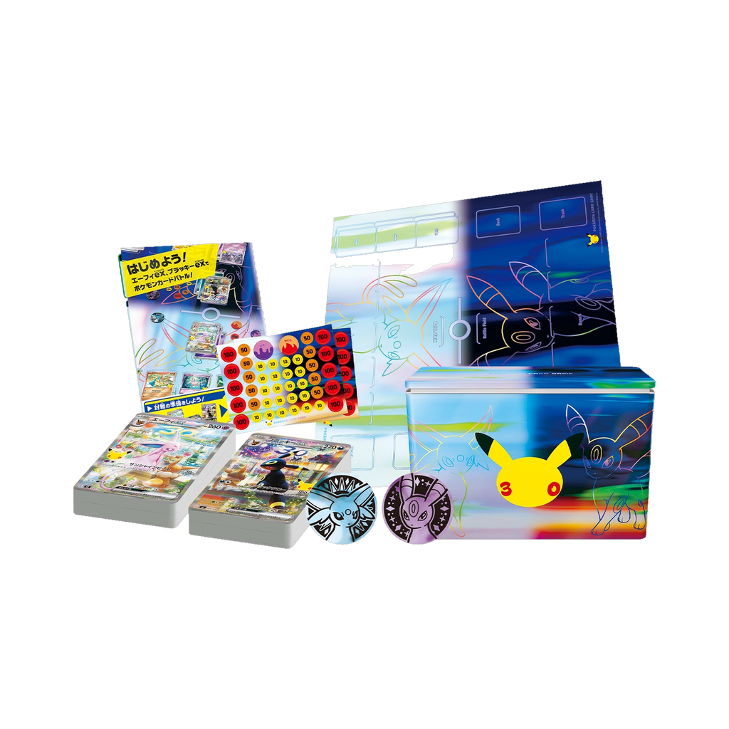 Pokemon Japanese 30th Celebration Premium Deck Set Espeon & Umbreon, contents: two decks, tin deck case, playmat, damage counters and coins