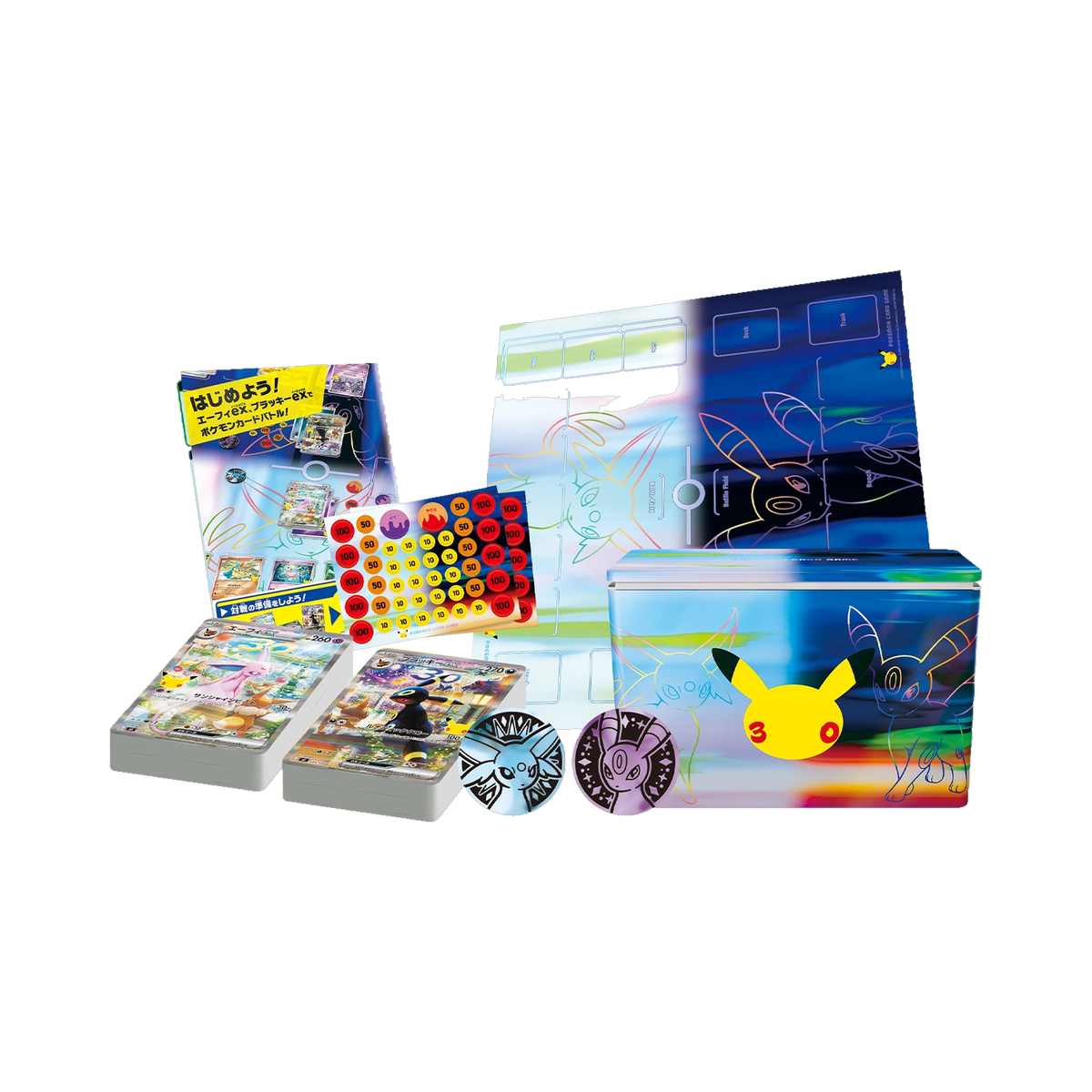 Pokemon Japanese 30th Celebration Premium Deck Set Espeon & Umbreon, contents: two decks, tin deck case, playmat, damage counters and coins