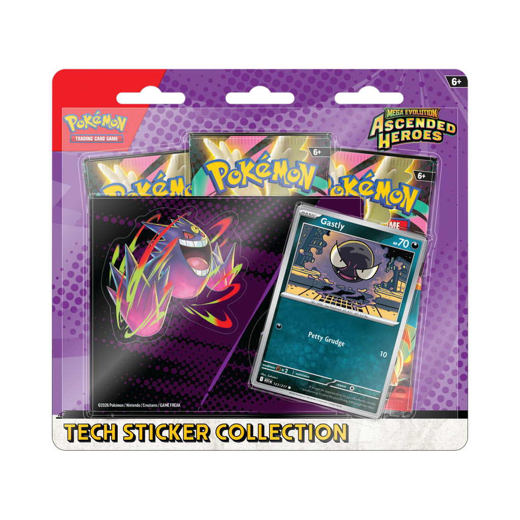 Pokemon Ascended Heroes - Tech Sticker Collection, second view showing pack contents and set artwork