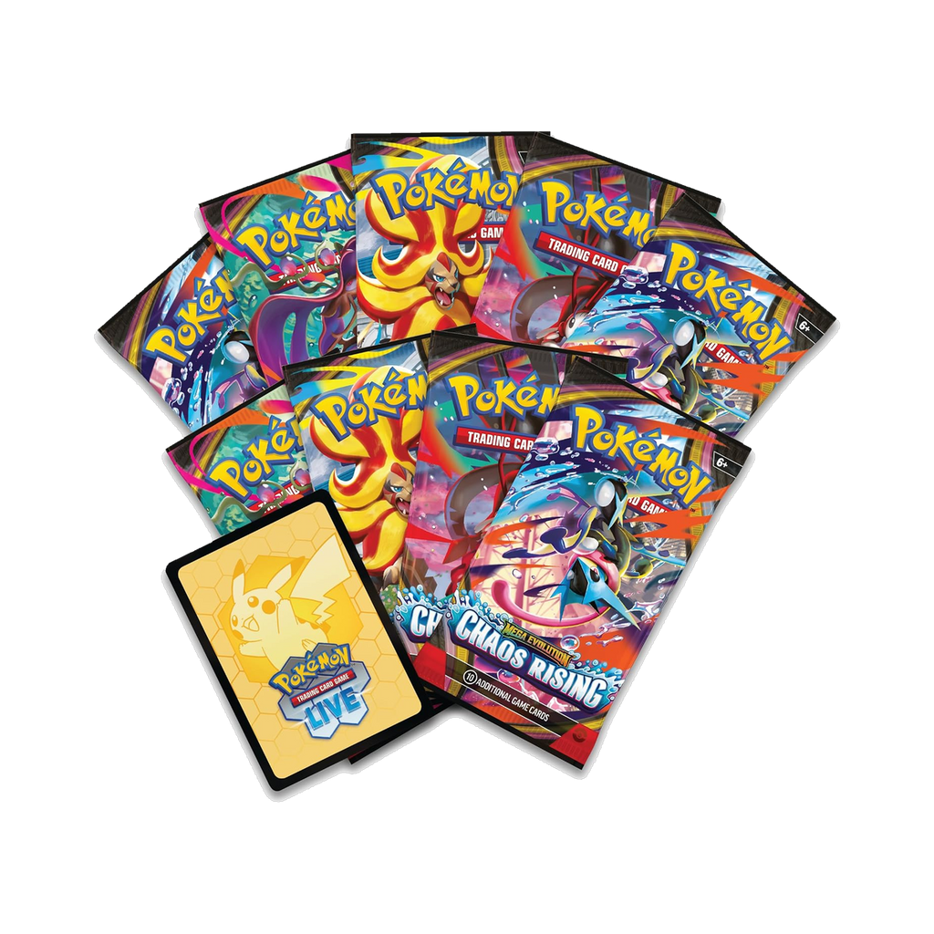Pokemon Chaos Rising - Elite Trainer Box, contents with nine booster packs and a TCG Live code card