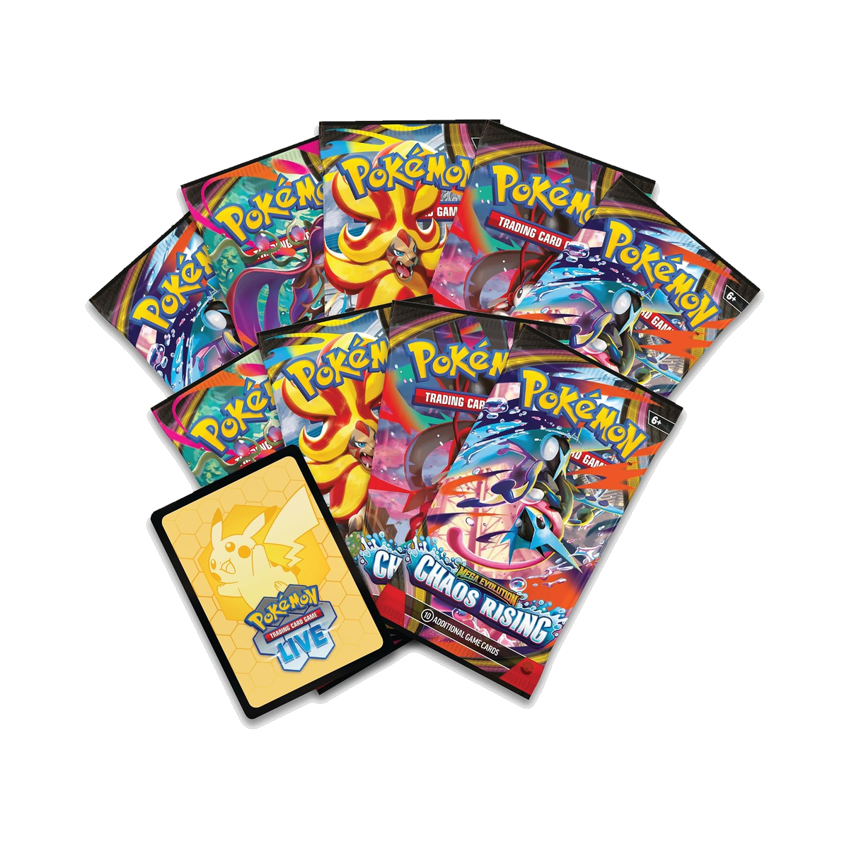 Pokemon Chaos Rising - Elite Trainer Box, contents with nine booster packs and a TCG Live code card