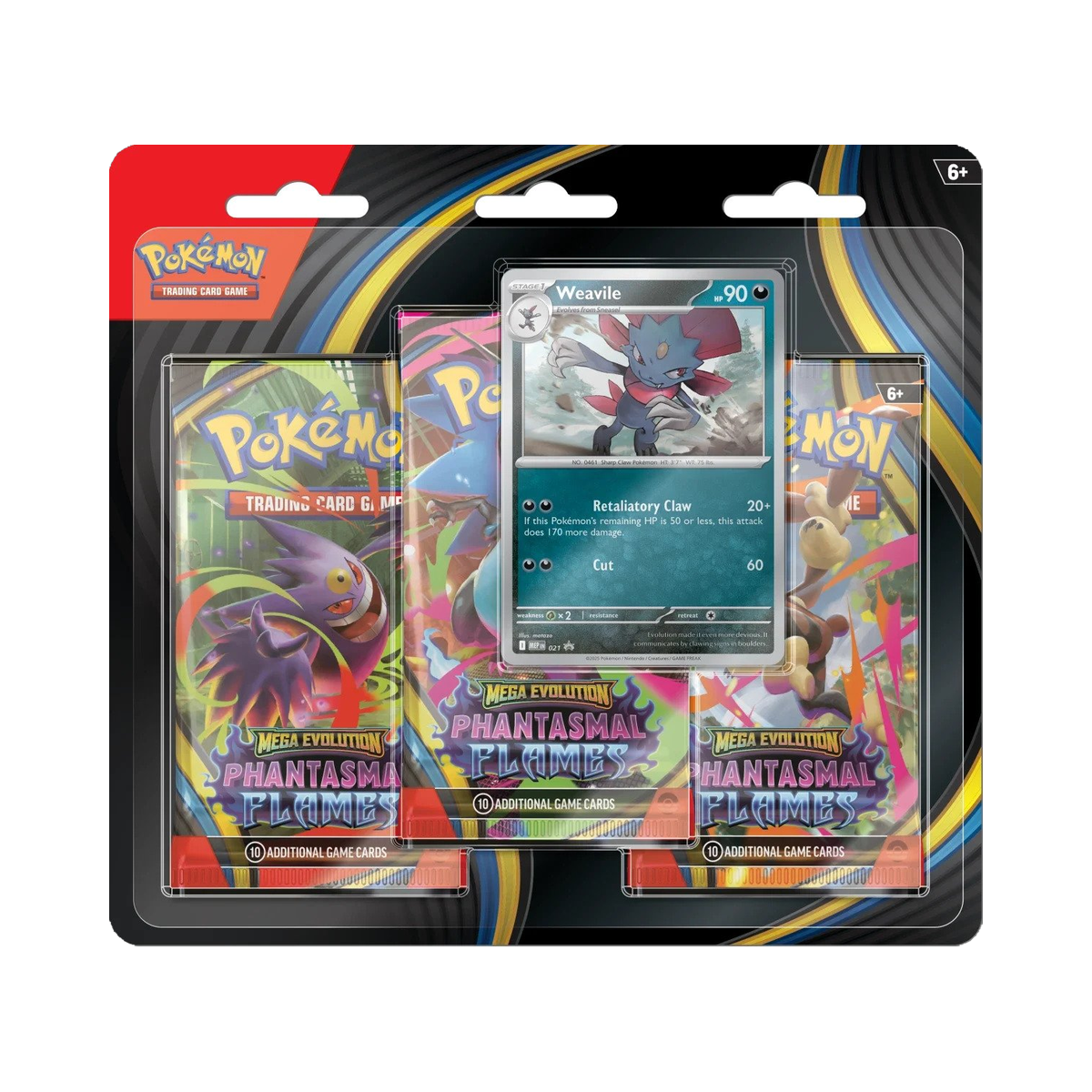 Pokemon Phantasmal Flames - 3 Pack Blister, second view showing pack contents and set artwork