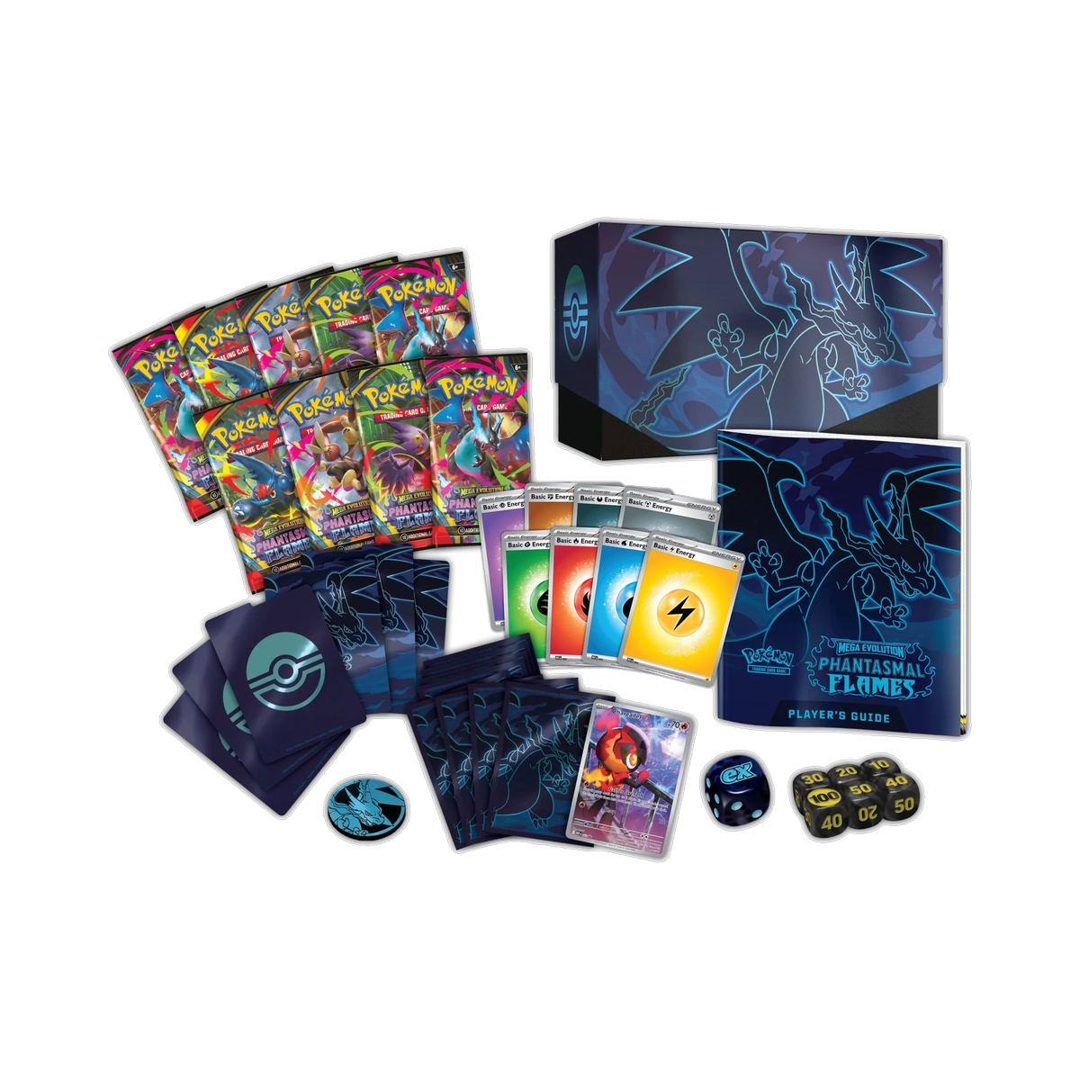 Pokemon Phantasmal Flames - Elite Trainer Box, second view showing pack contents and set artwork