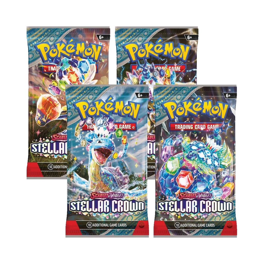 Pokemon Stellar Crown - Booster Box, the four booster pack artworks in this display