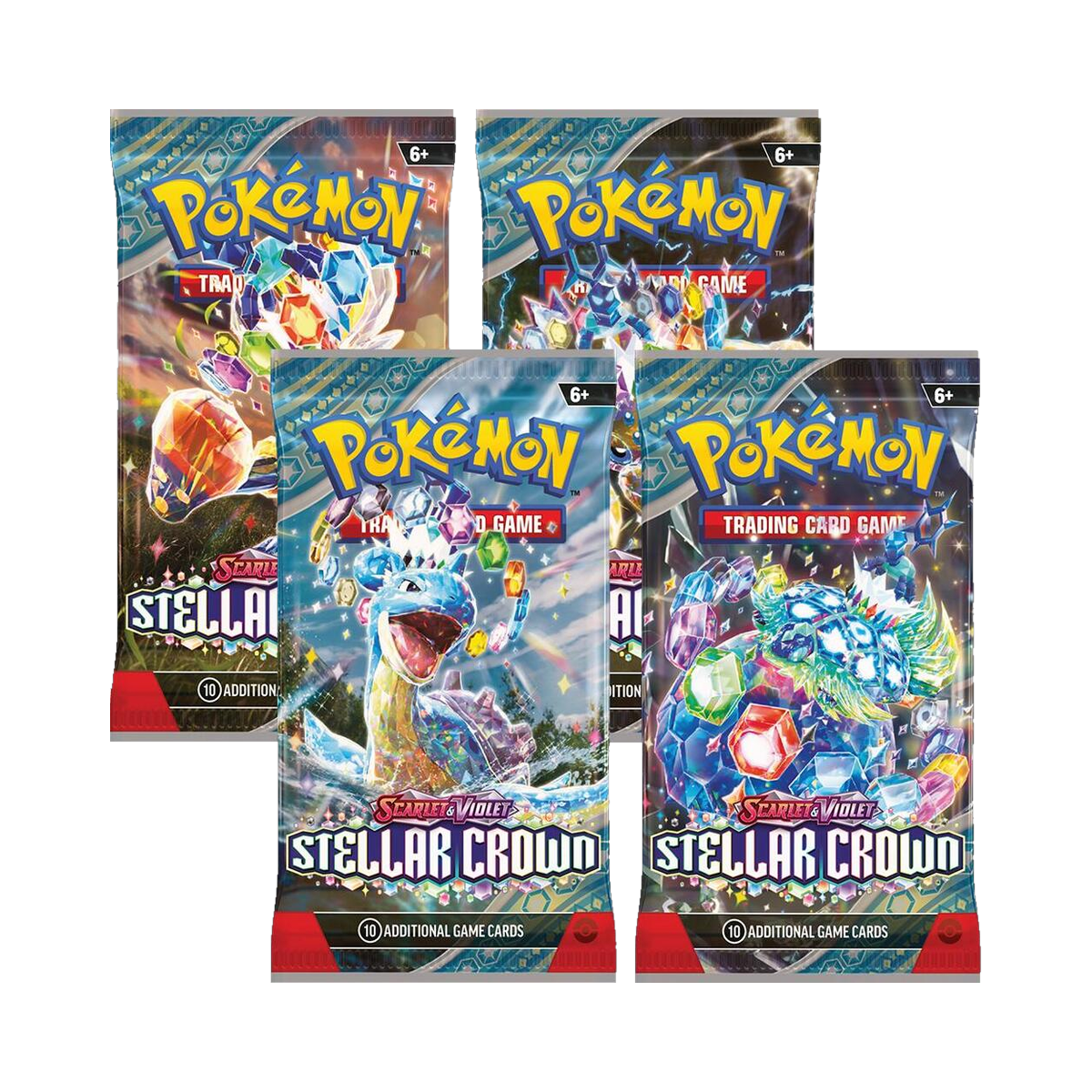 Pokemon Stellar Crown - Booster Box, the four booster pack artworks in this display