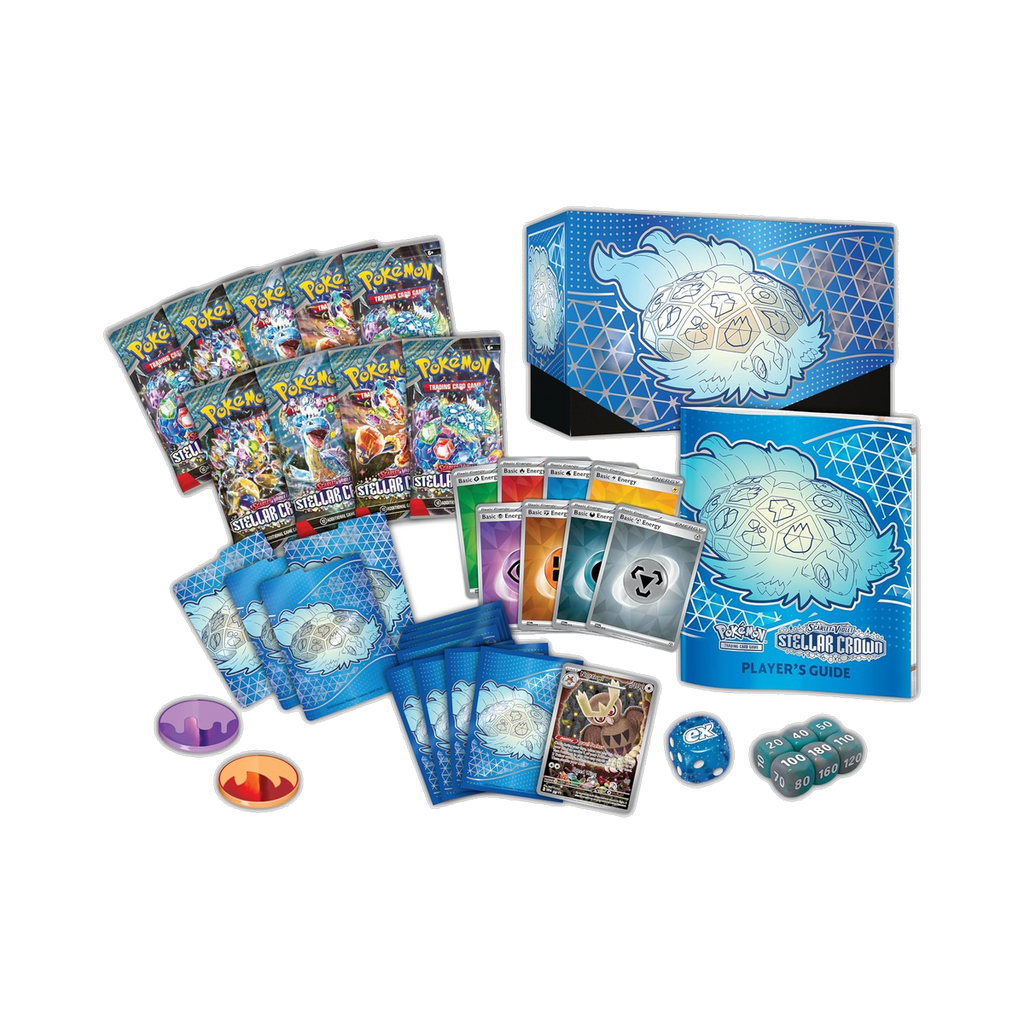 Pokemon Stellar Crown - Elite Trainer Box, contents with nine booster packs, sleeves, and accessories