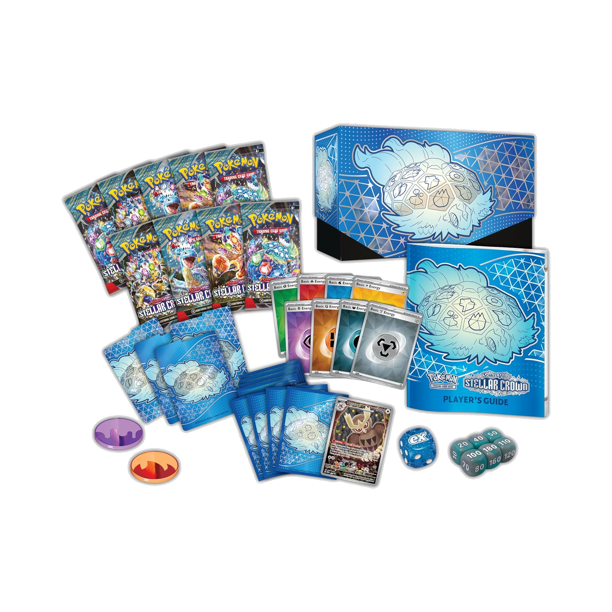 Pokemon Stellar Crown - Elite Trainer Box, contents with nine booster packs, sleeves, and accessories