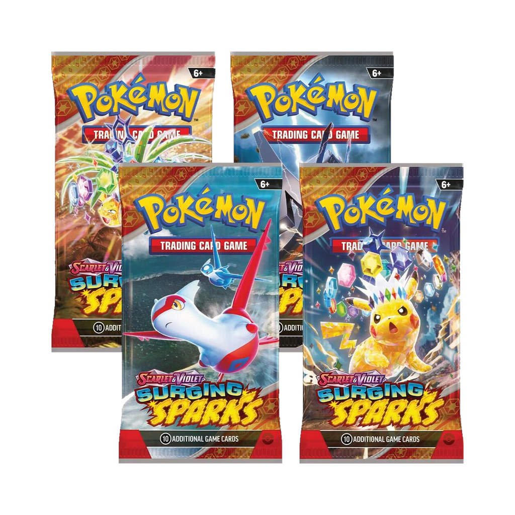 Pokemon Surging Sparks - Booster Box, the four booster pack artworks in this display