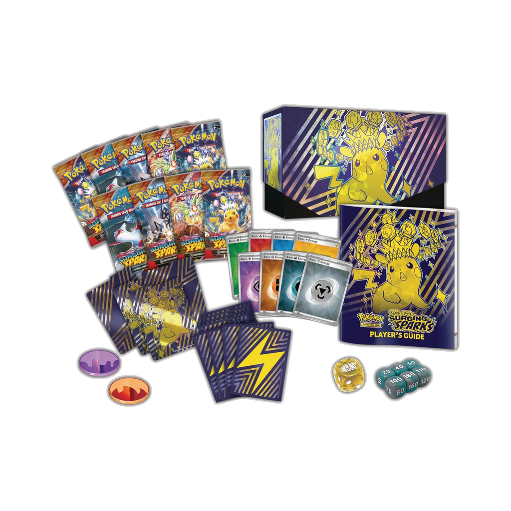 Pokemon Surging Sparks - Elite Trainer Box, contents with nine booster packs, sleeves, and accessories