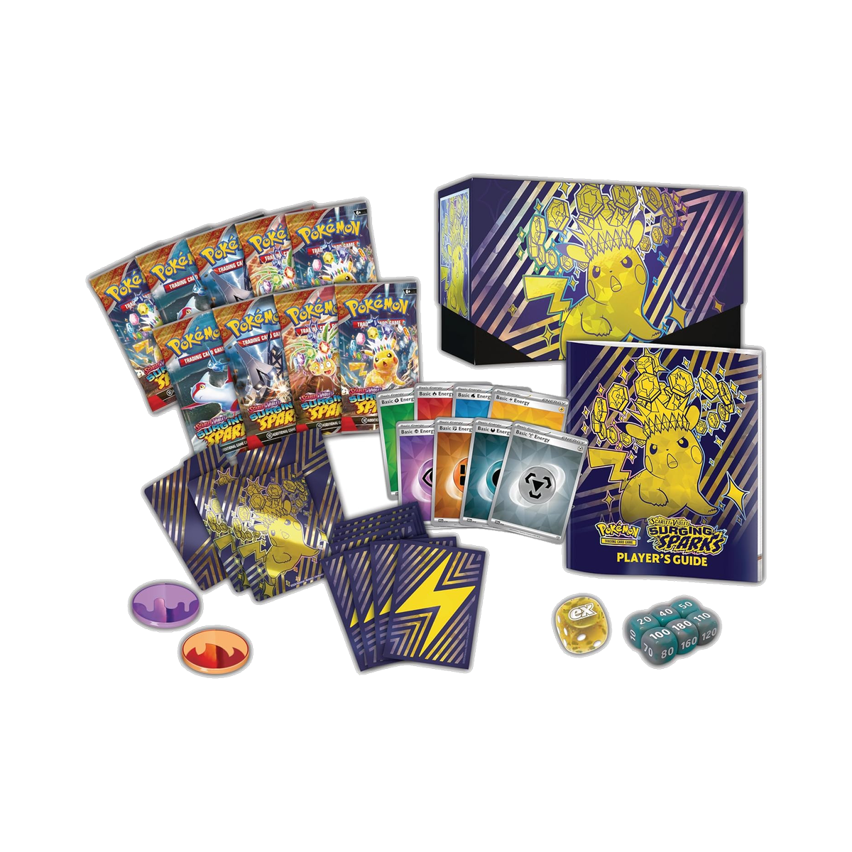 Pokemon Surging Sparks - Elite Trainer Box, contents with nine booster packs, sleeves, and accessories